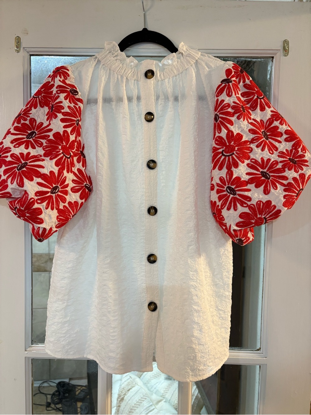 THML White Blouse with Red Floral Puff Sleeves - Picture 5 of 7